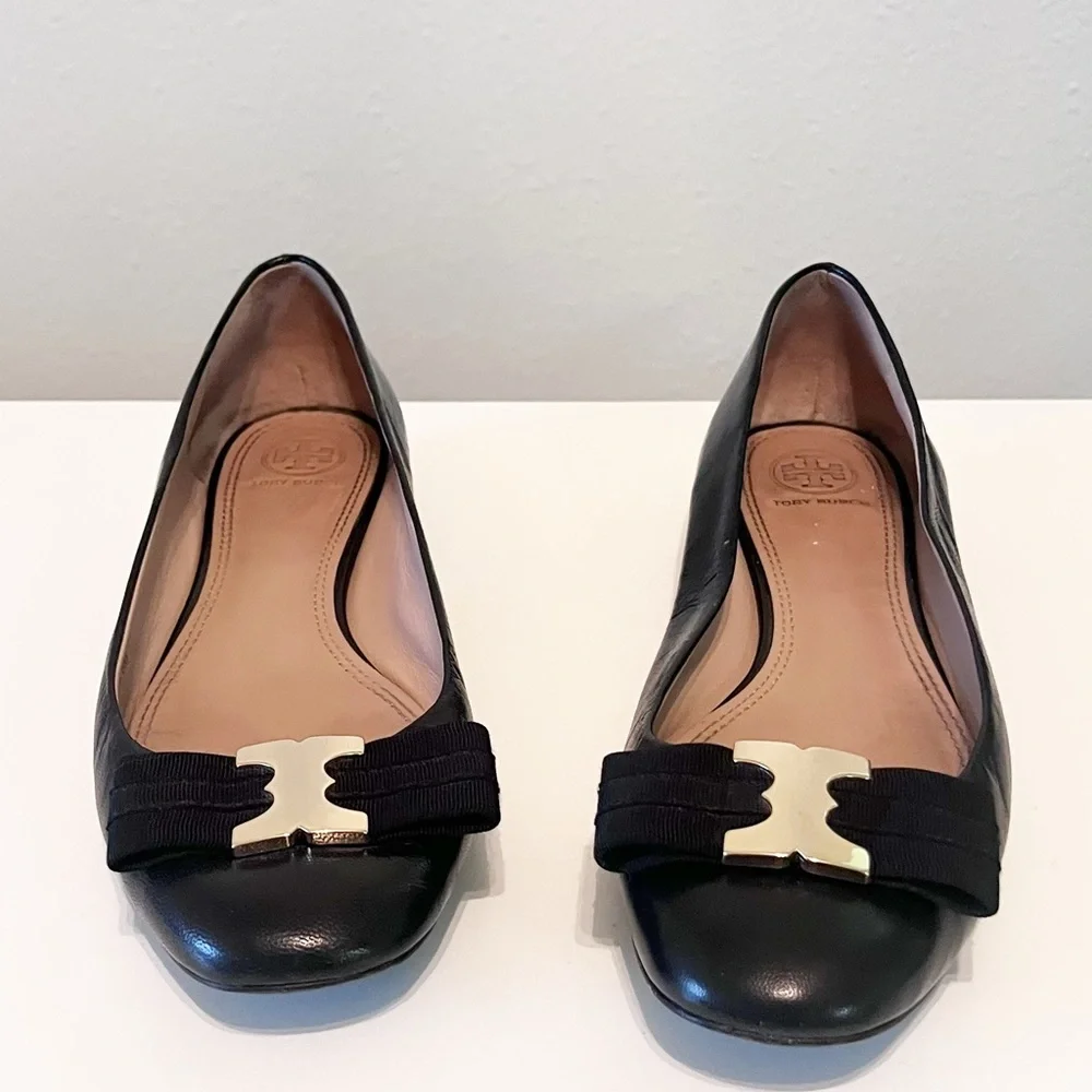 Tory Burch Gemini Link Bow Black Leather Ballet Flats Size 8